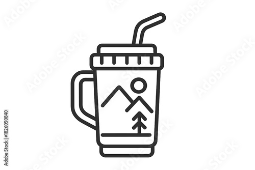 Reusable travel mug featuring outdoor landscape design and drinking straw