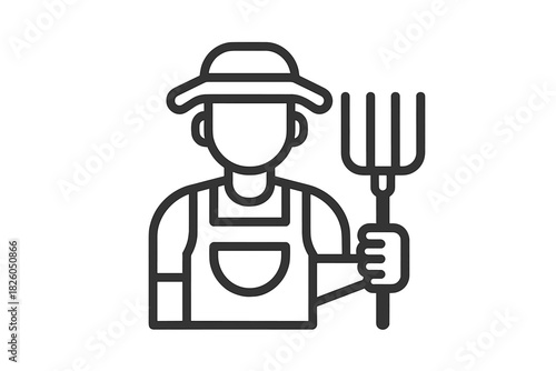 Minimalist drawing of a male farmer wearing a straw hat and overalls holding a pitchfork