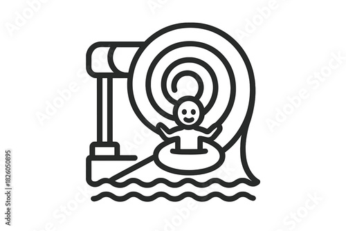 Black and white outline of a happy person sliding down a spiral water park ride