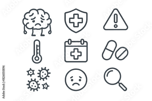 Minimalist Line Icons Representing Sickness, Fever, Mental Stress, Viruses, and Healthcare Warnings