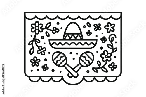 Monochrome line drawing of a Mexican sombrero and crossed maracas surrounded by decorative flowers