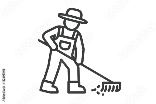Minimalist outline icon of a worker wearing overalls and a hat using a garden rake tool