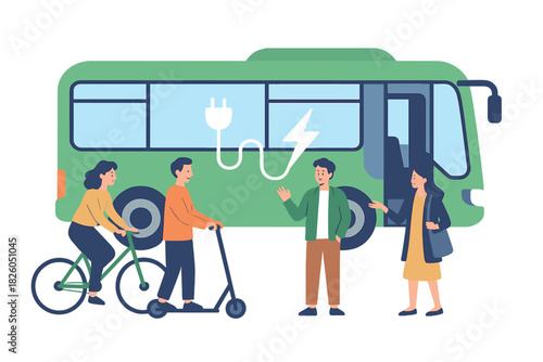Sustainable urban transport featuring electric bus and commuters using micro-mobility options