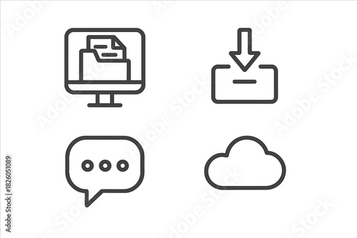 Collection of essential outline symbols for digital technology concepts including cloud storage and data transfer