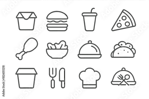 Simple line art of fast food items, restaurant service, and delivery concepts