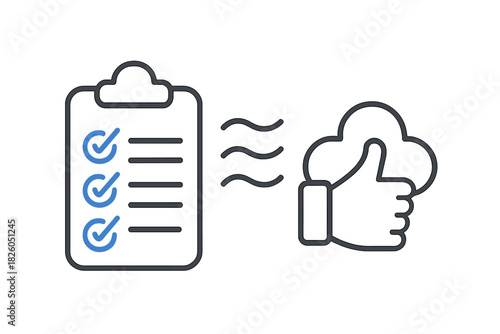 Successful task completion checklist flowing into a cloud thumbs up approval