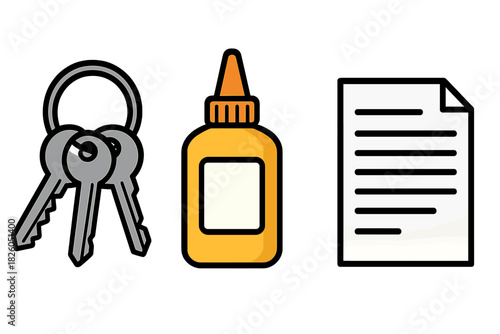 Three icons: keys on a keyring, yellow glue bottle, and a document representing everyday objects