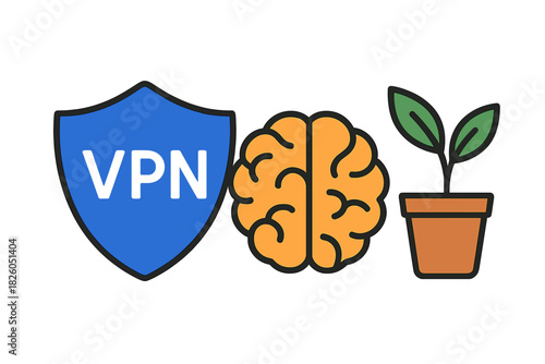 Digital security VPN shield protection with human brain and potted plant icon set symbols
