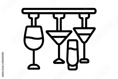 Hanging bar glasses showing different types of stemware and shot glasses