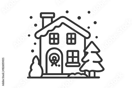 Winter house covered in snow next to a festive Christmas tree during a snowfall