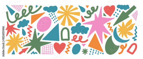 Vibrant abstract stickers geometric doodle elements. Playful heart, triangle figures. Retro Y2K collection featuring colorful doodles, bold funky scribbles, childish badges for creative collage no bg.