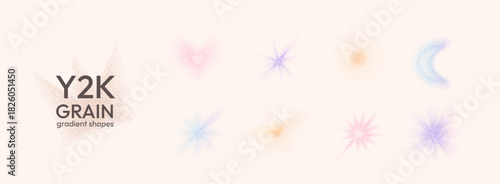 Colorful y2k grain gradient heart shapes. Geometric star, moon, butterfly with grainy noise gradation. Y2k stippling floral, basic forms. Twinkle, flower and star vector icons isolated on beige bg.