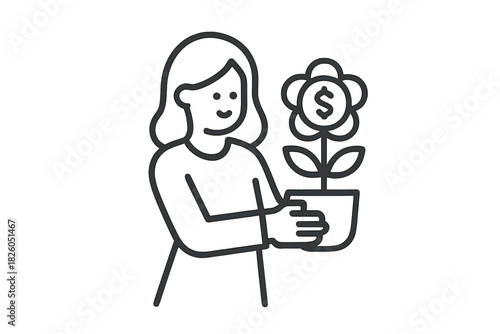 Smiling woman holding a potted plant with a dollar sign flower representing financial investment and growth