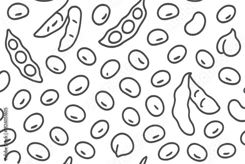 Monochrome seamless pattern featuring scattered outline soybeans and pods on a white background
