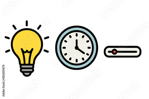 Bright light bulb, analog clock, and horizontal slider control icons symbolizing idea, time, and settings
