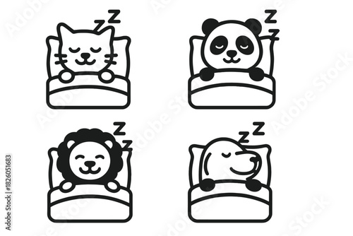 Cute set of sleeping animals: cat, panda, lion, and dog resting comfortably in their beds