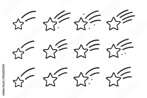 Simple outline icons of shooting stars, meteors, and cosmic elements in motion