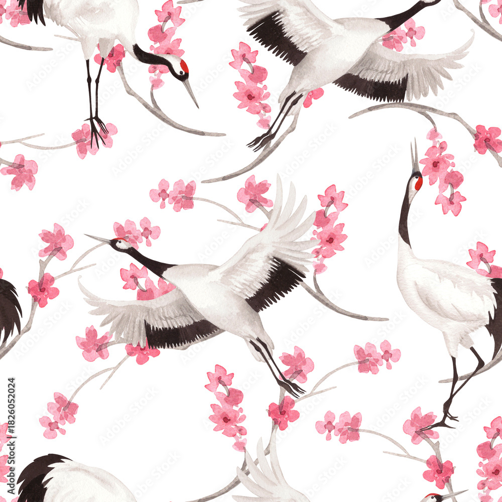 Obraz premium Seamless pattern of japanese cranes with the pink sakura on background. Watercolor handmade illustration. For fabric, wallpaper, greeting cards, design, decoration and illustration.