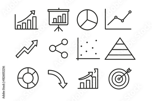 Business and financial data analysis with charts, graphs, arrows, and targets