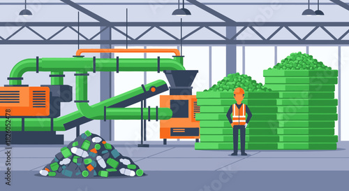 An efficient industrial recycling plant processes plastic waste into reusable materials, demonstrating sustainable waste management and environmental conservation efforts.