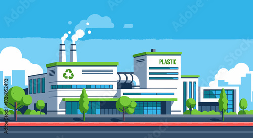 A modern, eco-friendly industrial facility dedicated to plastic recycling and sustainable production, set against a vibrant city backdrop under a clear blue sky.