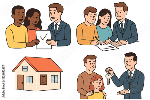 Real estate transaction process showing signing contracts, receiving keys, and buying a house