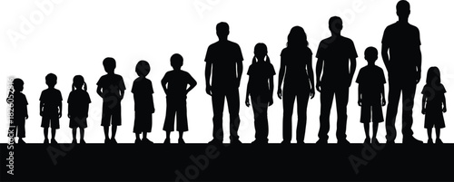 Black Silhouette Vector Set of Diverse People in Stages of Life, Representing Human Growth, Aging, Development, Generations, Community, and Demographic Data Illustration.