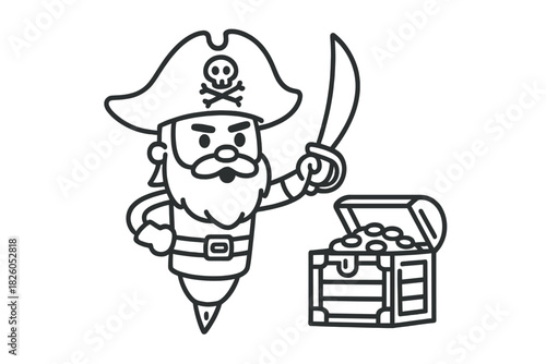Cartoon pirate character with saber standing next to open treasure chest full of gold coins