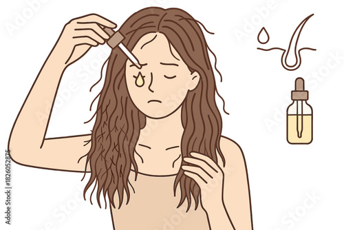 Concerned woman treating damaged hair and dry scalp with cosmetic oil dropper application