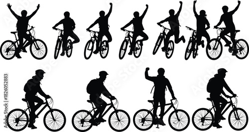 Black Silhouette Vector Set of Mountain Bikers Riding and Celebrating, Representing Sport, Adventure, Fitness, Freedom, Excitement, Achievement, and Active Healthy Lifestyle.
