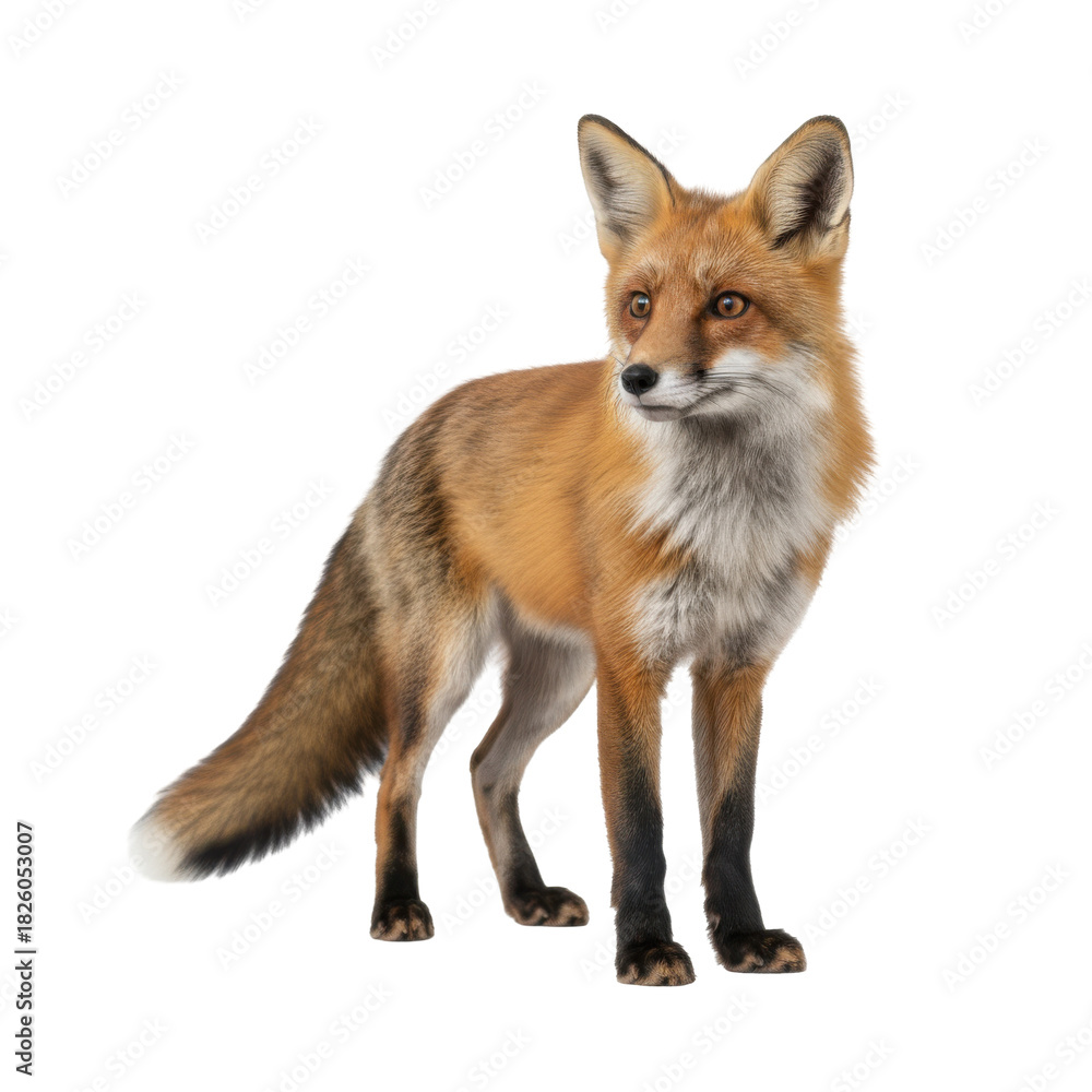Naklejka premium A stunning red fox stands alert against a dark background showcasing its natural beauty and