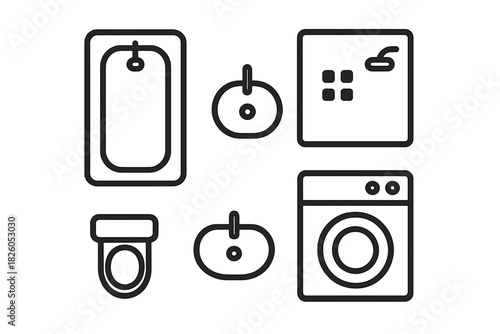 Minimalist outline symbols for bathroom plumbing fixtures and washing machine