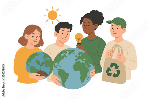 Diverse young people collaborating on global environmental protection and sustainable future concepts