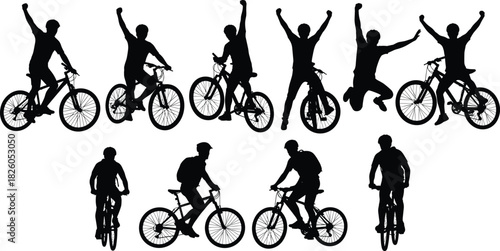 Black Silhouette Vector Set of People Cycling and Celebrating Success, Representing Sport, Adventure, Fitness, Freedom, Excitement, Achievement, and Active Healthy Lifestyle.
