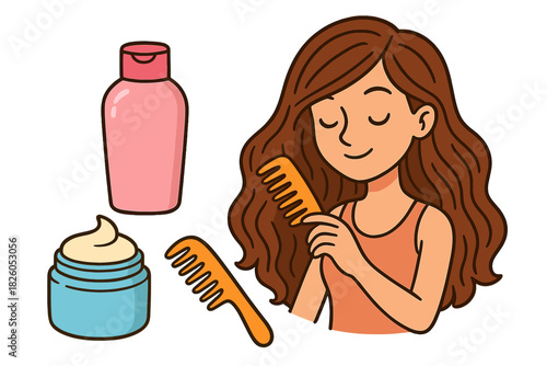 Woman combing long wavy hair during daily beauty and self care routine with products