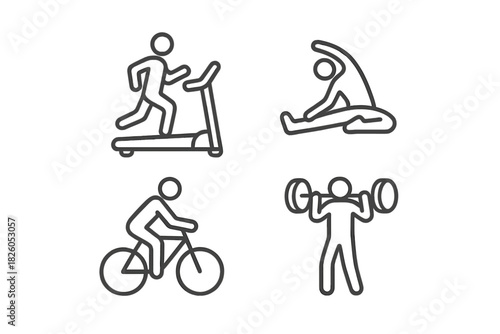 Line icons depicting fitness activities including cardio, strength, and flexibility training