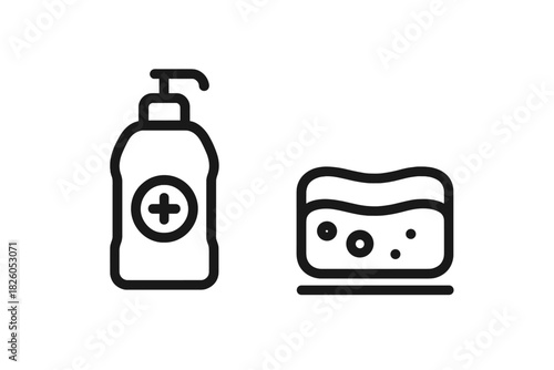 Outline icon of liquid soap dispenser bottle with medical cross and cleaning sponge