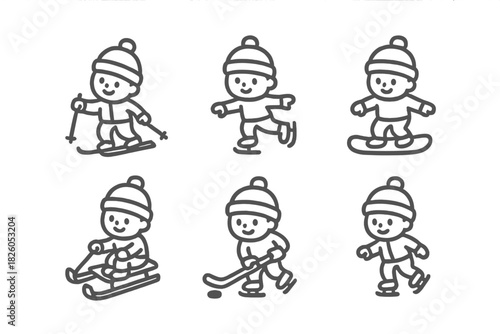Collection of six outline symbols representing popular winter sports and recreational activities