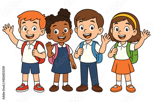 Cheerful diverse group of students waving hello and carrying school bags