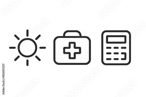 Minimalist outline icons for brightness, medical care, and financial calculations