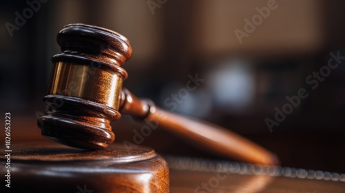 Close up of a polished wooden gavel resting on a judge s bench, soft warm lighting highlighting the textures of wood and metal, neutral blurred