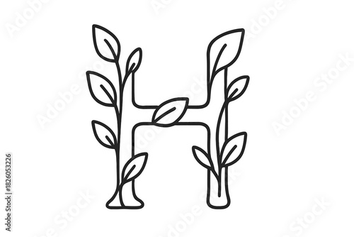 Organic capital letter H formed by stylized plant stems and leaves in minimalist line art