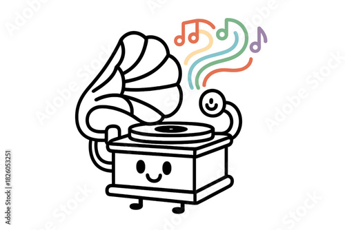 Cute cartoon gramophone character playing music with colorful sound waves and musical notes