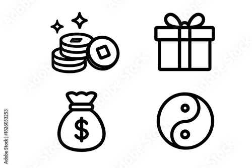 Chinese coins, gift box, money bag, and Yin Yang symbol for prosperity and luck