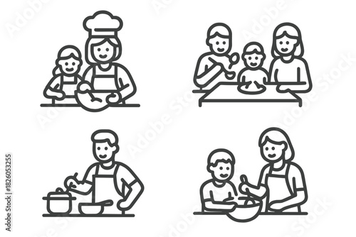 People preparing meals, cooking, and enjoying food together with family members