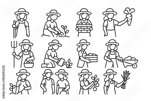 Outline pictograms of a female farmer performing gardening and agricultural tasks