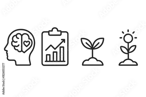 Set of line icons illustrating business growth, strategic planning, mental balance, and plant development stages