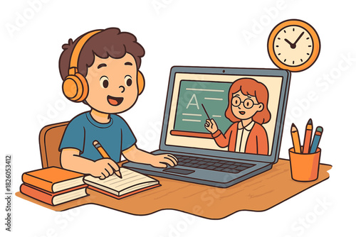 Happy student boy taking notes during virtual class with teacher on laptop screen