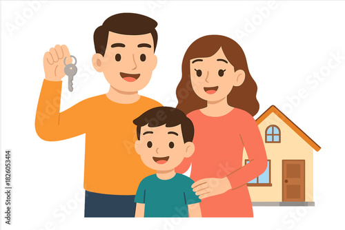 Smiling parents and child celebrating buying a new house and holding the keys