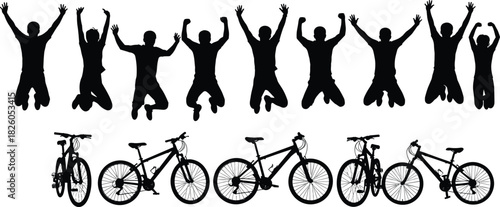 Black Silhouette Vector Set of Happy People Jumping and Bicycles, Symbolizing Active Lifestyle, Freedom, Success, Celebration, Sport, Fitness, and Outdoor Adventure.